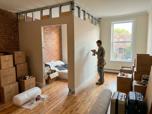 Flex wall vs pressurized wall NYC: the same tension-fit partition installed in a Queens apartment