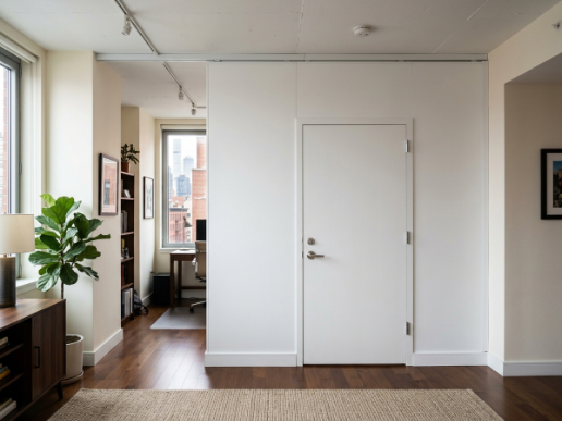 Pressurized wall installation in NYC apartment showing clean floor-to-ceiling wall with door