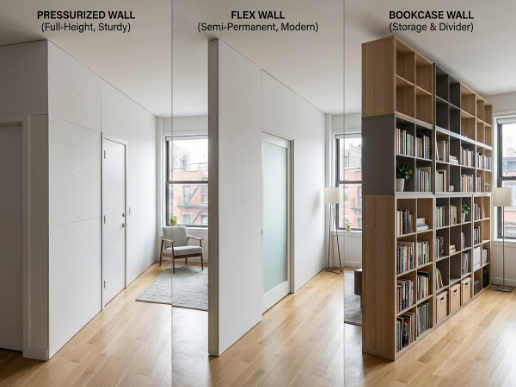 Temporary walls NYC comparison — pressurized, flex, and bookcase wall types side by side in a NYC apartment