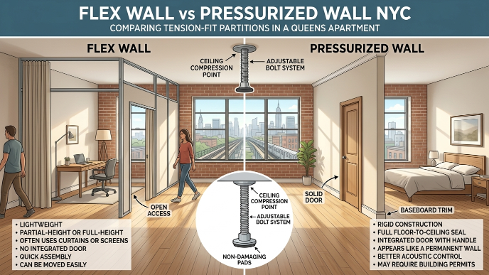 Flex wall vs pressurized wall NYC: the same tension-fit partition installed in a Queens apartment