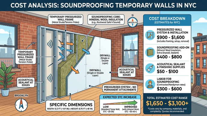 Soundproofing cost for temporary walls NYC — mineral wool insulation inside a pressurized wall cavity in a Brooklyn apartment